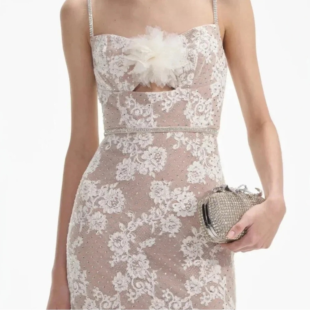 SELF PORTRAIT Cream Rhinestone Lace Maxi Dress